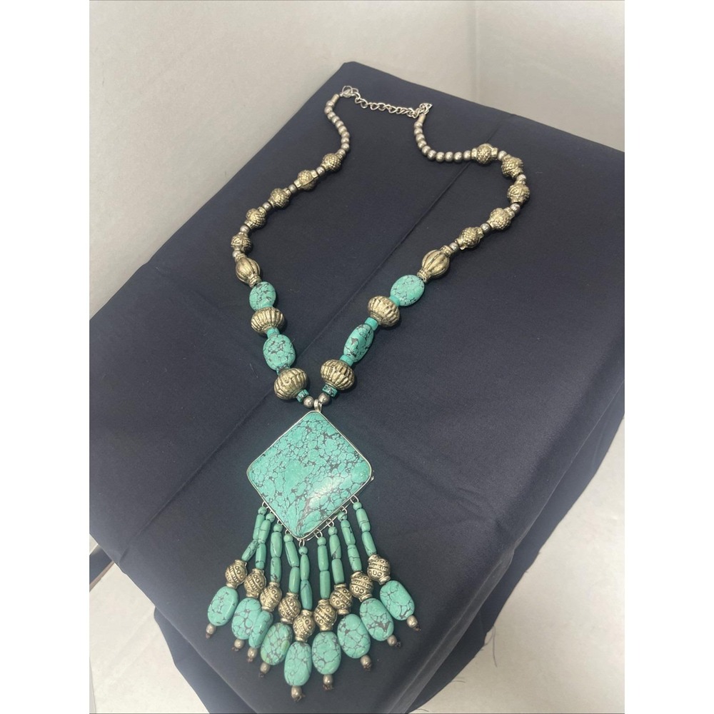 Large Pendant Western Dangle Faux Turquoise Necklace Southwest Chunky Native